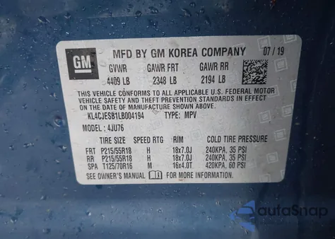 2020 Buick Encore Awd Preferred z USA, uszkodzony, nr VIN KL4CJESB1LB004194